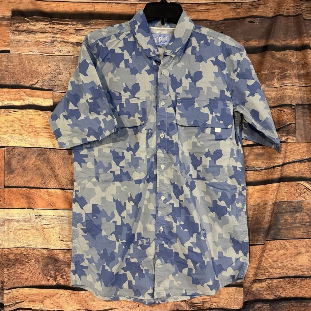 Old Tejas Men's Small S Gulf Blue Texas Camo Field Shirt Vented Fishing SS